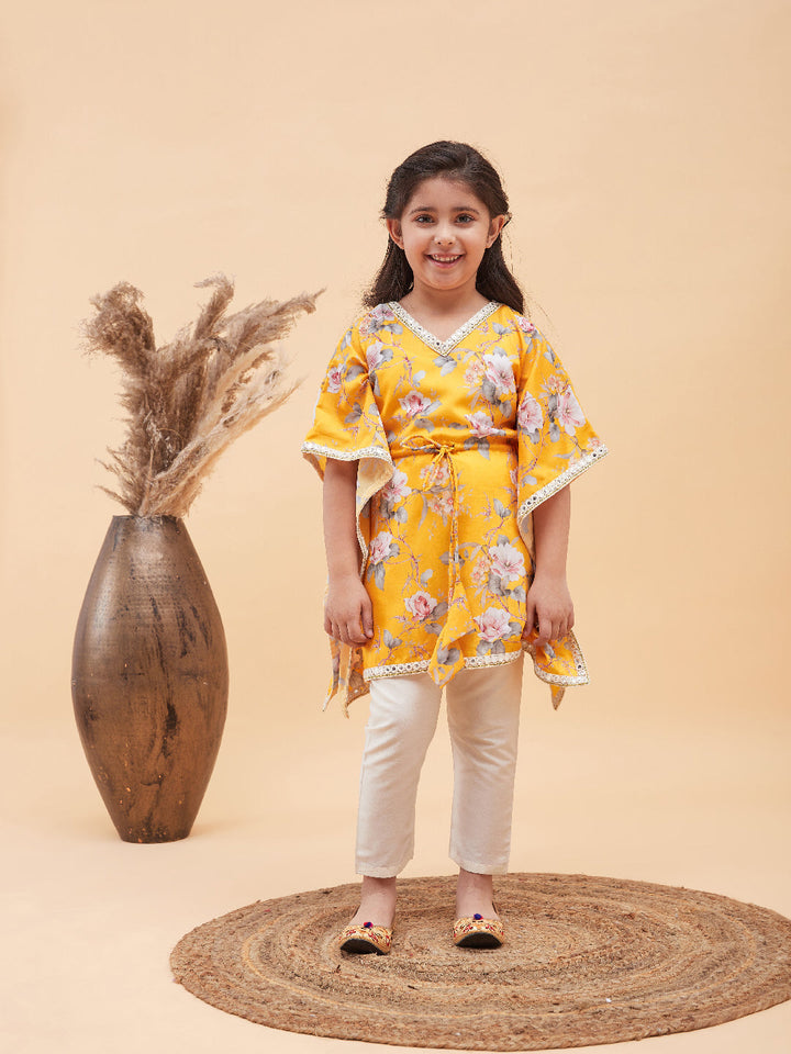 VASTRAMAY Girls Yellow Floral Printed Kaftan Kurta With Cream Pant Set - qivii