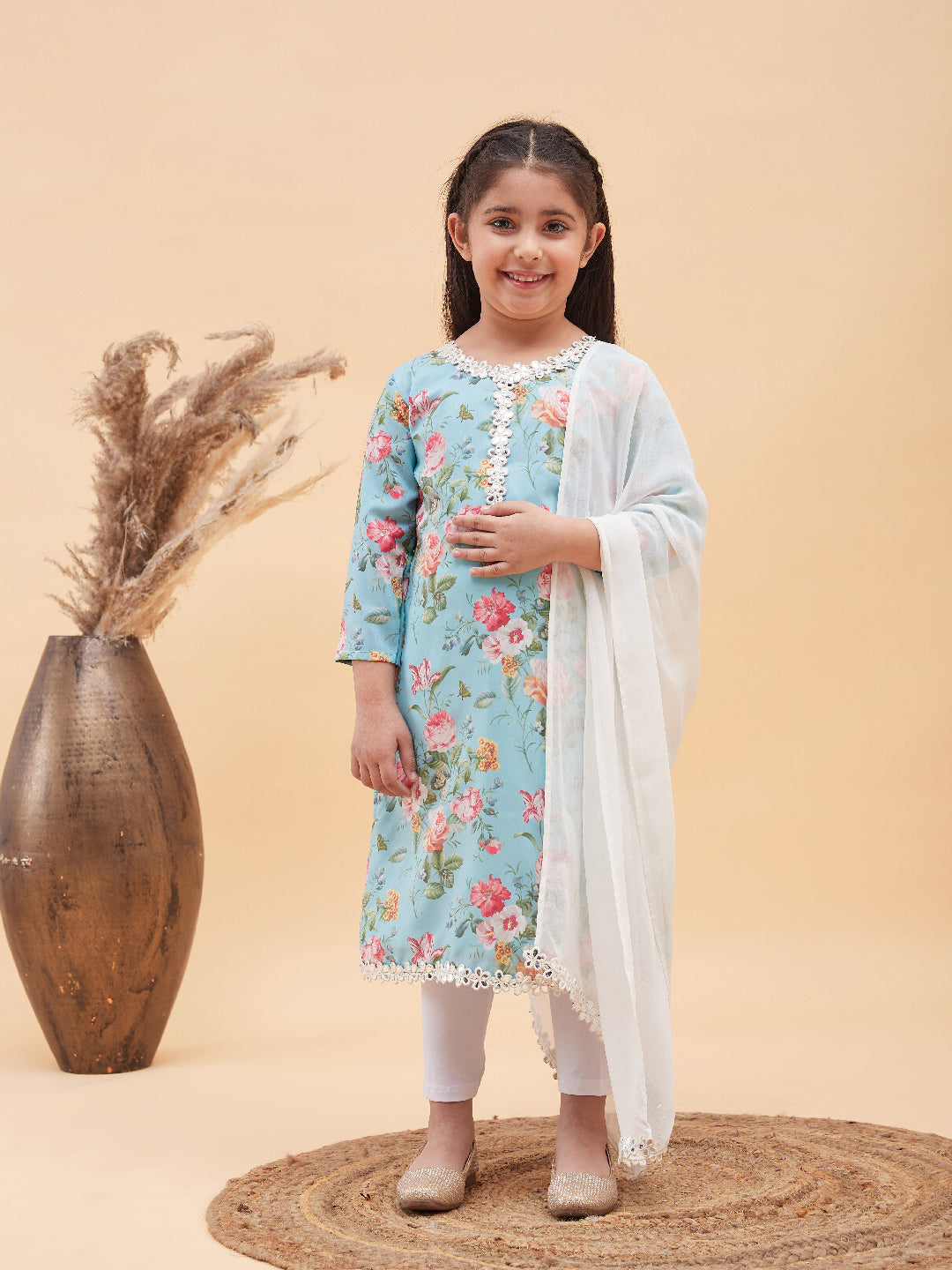 VASTRAMAY Girls Aqua Blue Floral Printed Kurta With Leggings And Dupatta Set - qivii