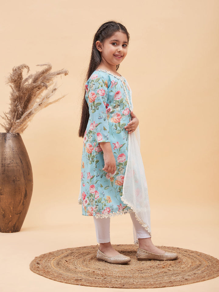 VASTRAMAY Girls Aqua Blue Floral Printed Kurta With Leggings And Dupatta Set - qivii