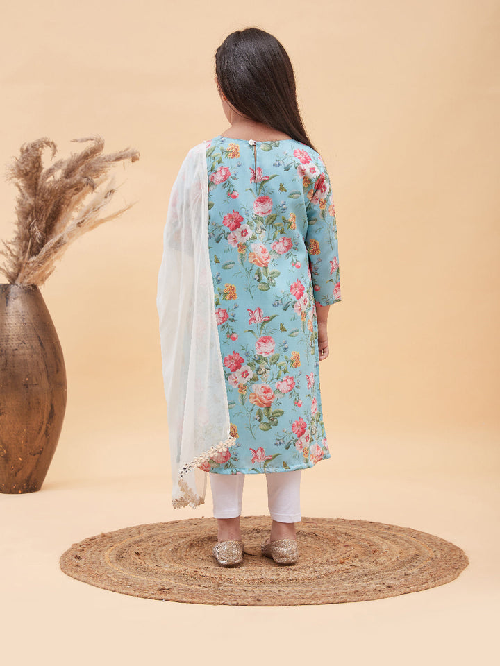 VASTRAMAY Girls Aqua Blue Floral Printed Kurta With Leggings And Dupatta Set - qivii