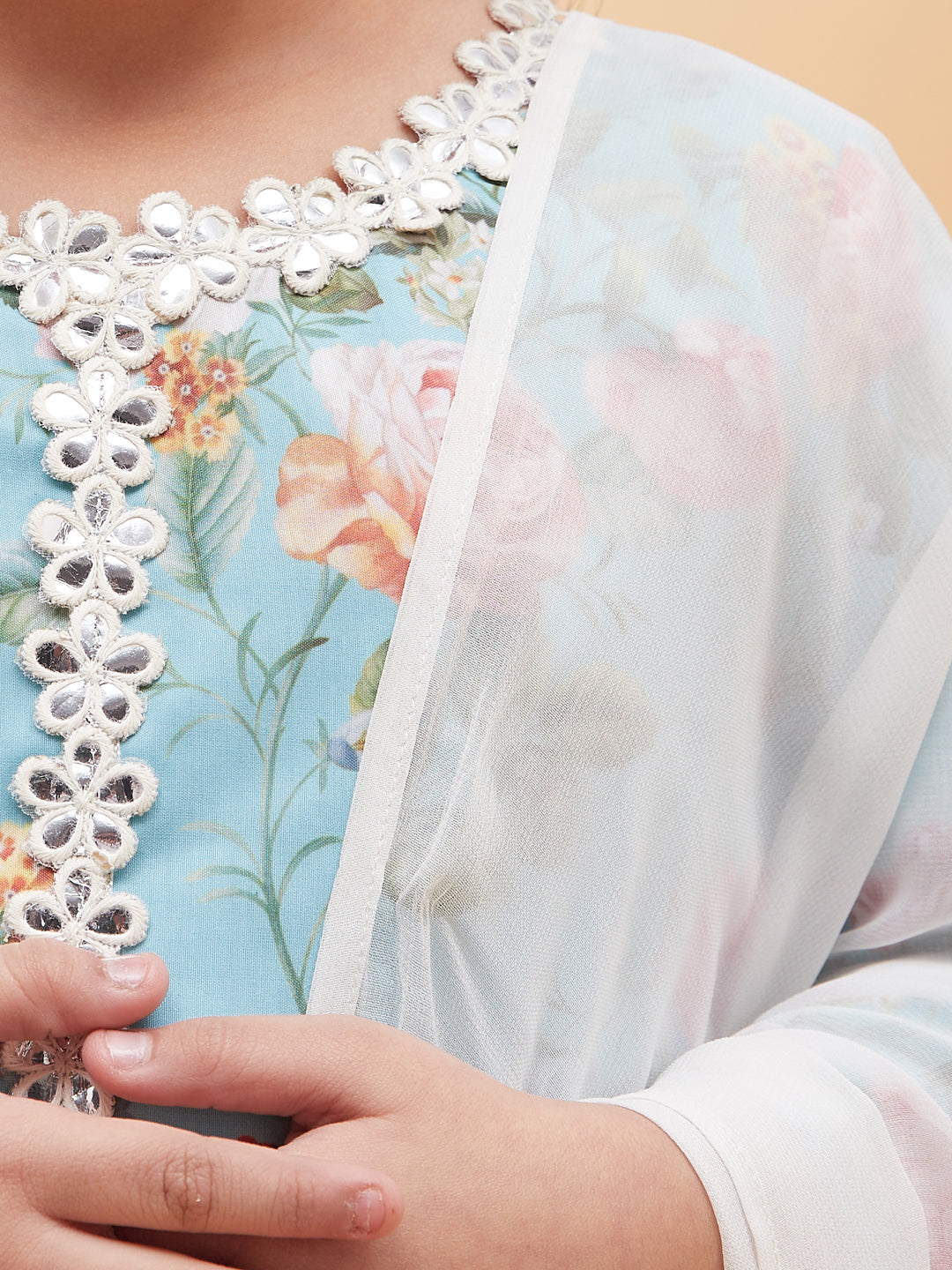 VASTRAMAY Girls Aqua Blue Floral Printed Kurta With Leggings And Dupatta Set - qivii