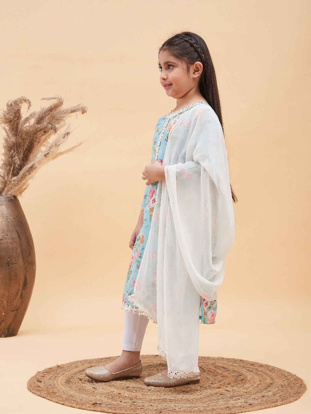 VASTRAMAY Girls Aqua Blue Floral Printed Kurta With Leggings And Dupatta Set - qivii