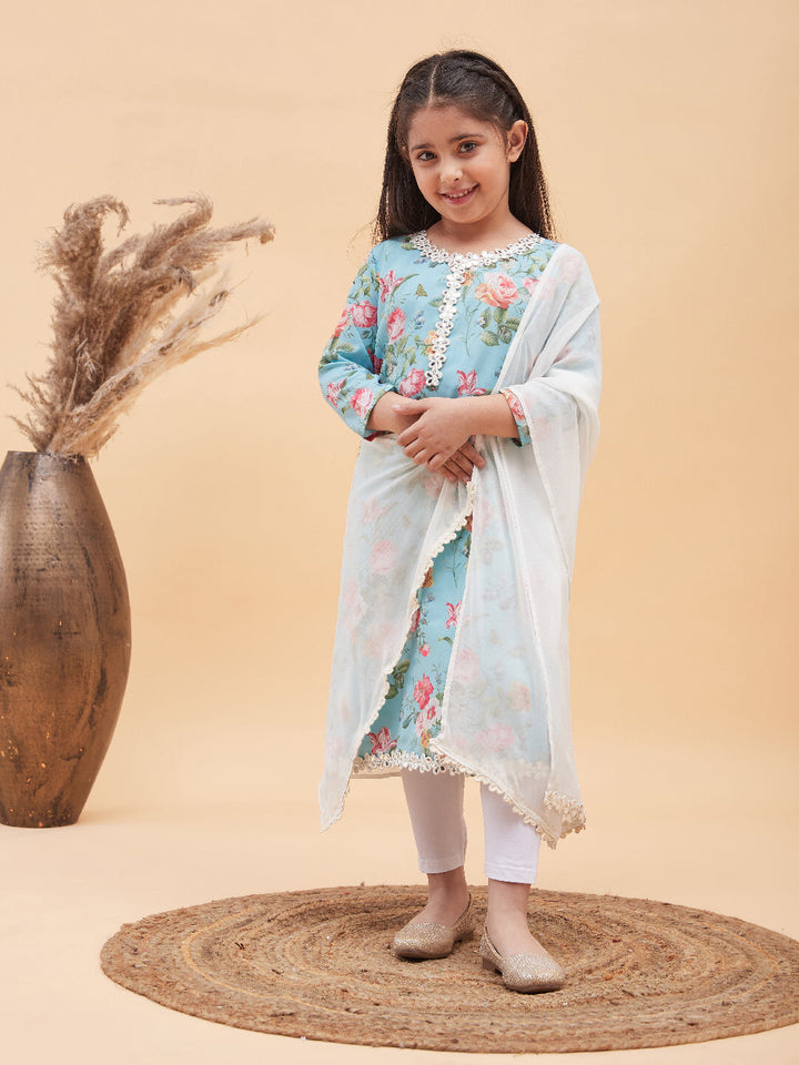 VASTRAMAY Girls Aqua Blue Floral Printed Kurta With Leggings And Dupatta Set - qivii
