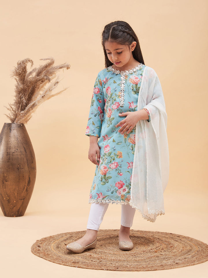 VASTRAMAY Girls Aqua Blue Floral Printed Kurta With Leggings And Dupatta Set - qivii