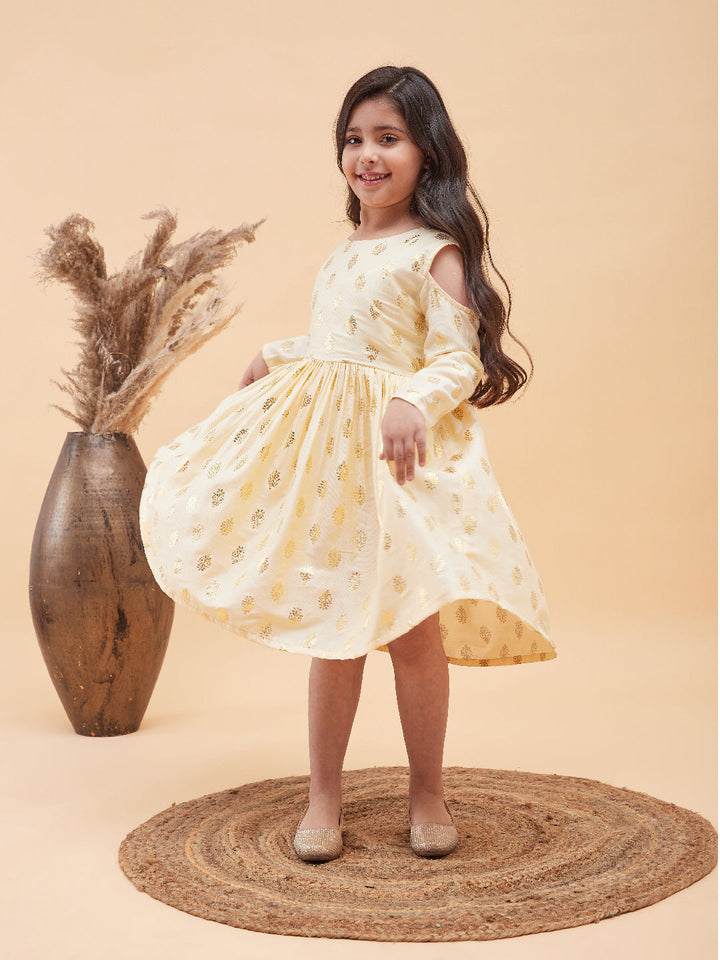VASTRAMAY Girl's Cream Foil Printed Cold Shoulder Kurti - qivii