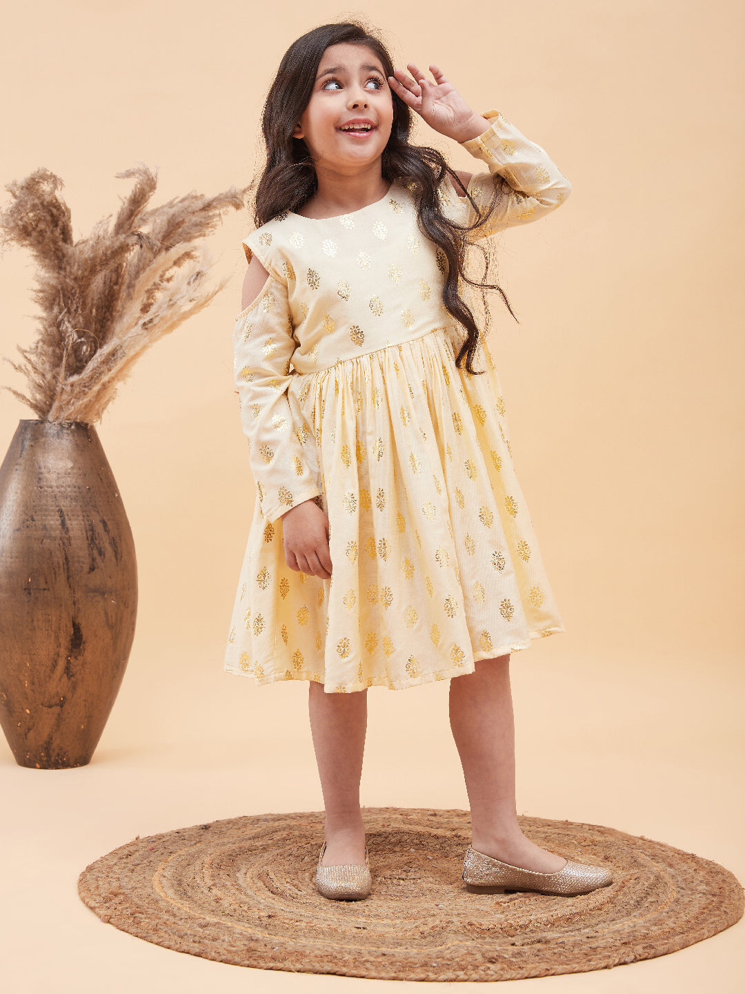 VASTRAMAY Girl's Cream Foil Printed Cold Shoulder Kurti - qivii