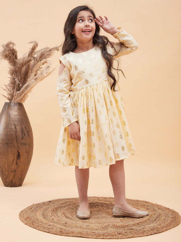 VASTRAMAY Girl's Cream Foil Printed Cold Shoulder Kurti - qivii