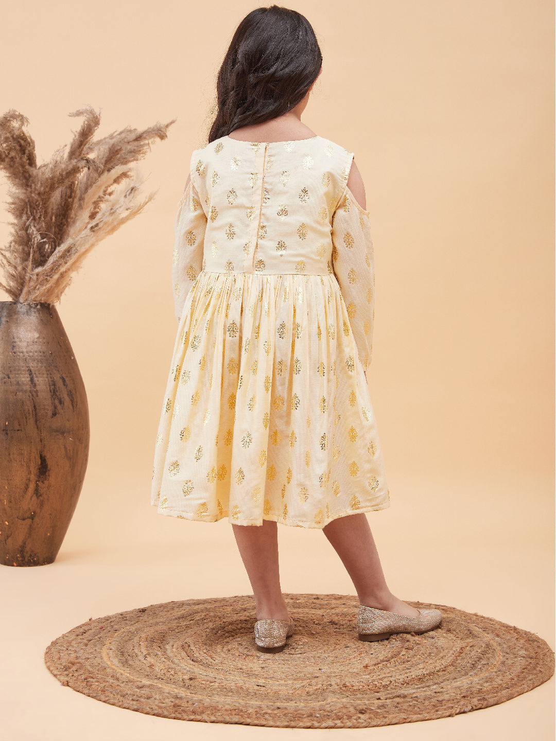 VASTRAMAY Girl's Cream Foil Printed Cold Shoulder Kurti - qivii