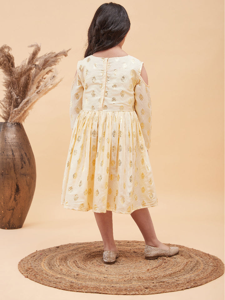 VASTRAMAY Girl's Cream Foil Printed Cold Shoulder Kurti - qivii
