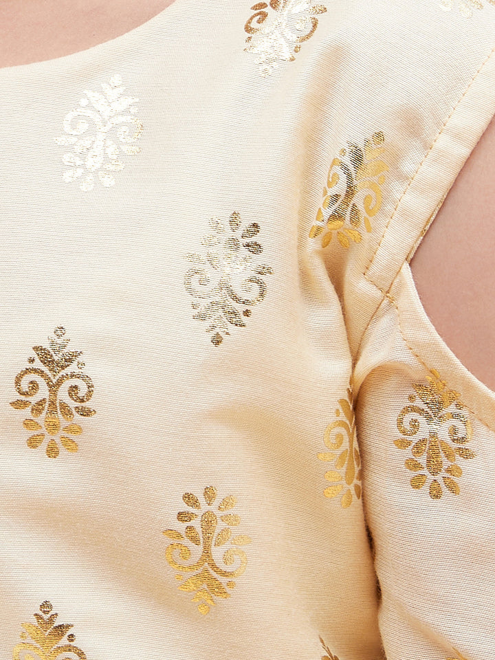 VASTRAMAY Girl's Cream Foil Printed Cold Shoulder Kurti - qivii