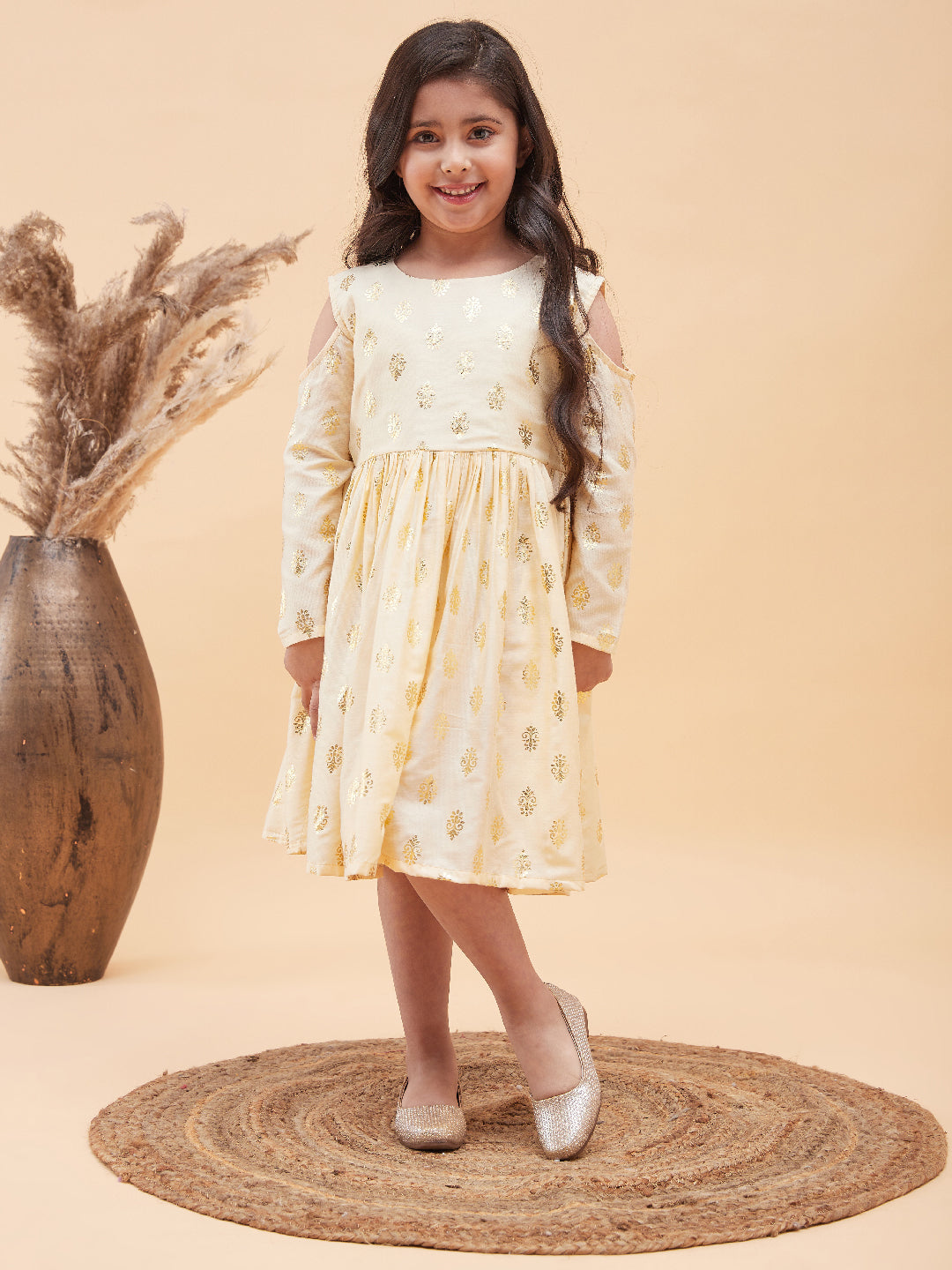 VASTRAMAY Girl's Cream Foil Printed Cold Shoulder Kurti - qivii