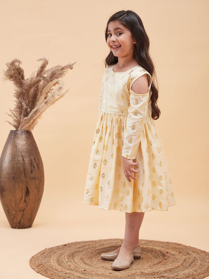VASTRAMAY Girl's Cream Foil Printed Cold Shoulder Kurti - qivii