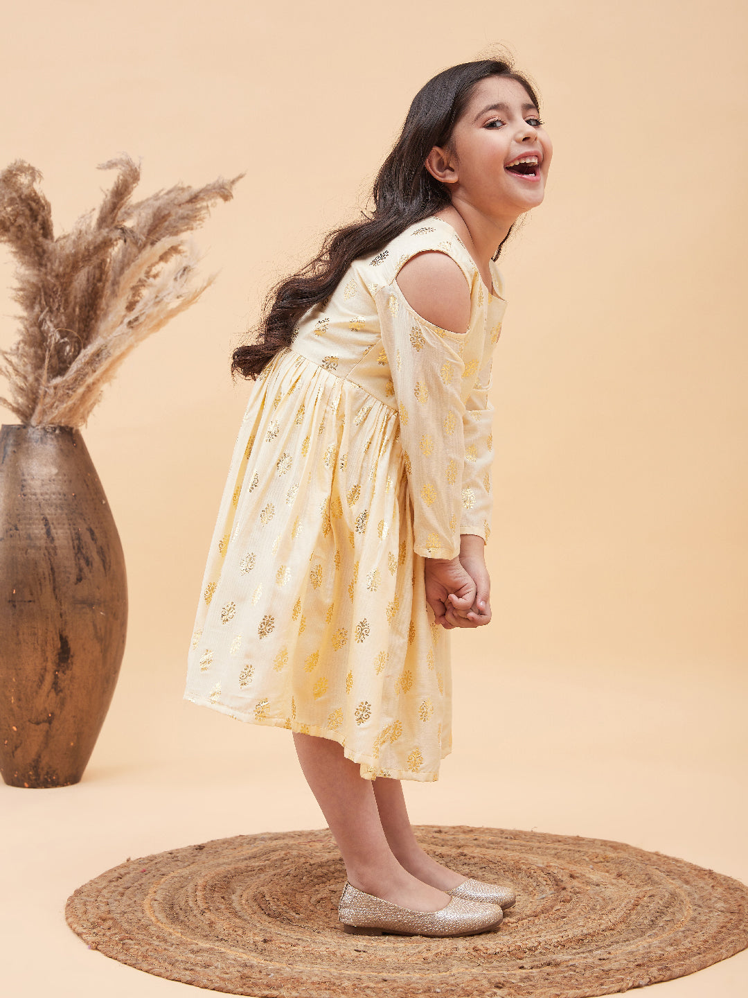 VASTRAMAY Girl's Cream Foil Printed Cold Shoulder Kurti - qivii