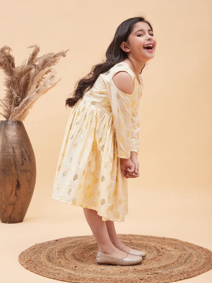 VASTRAMAY Girl's Cream Foil Printed Cold Shoulder Kurti - qivii