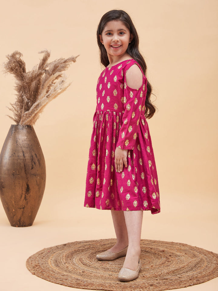 VASTRAMAY Girl's Dark Pink Foil Printed Cold Shoulder Kurti - qivii