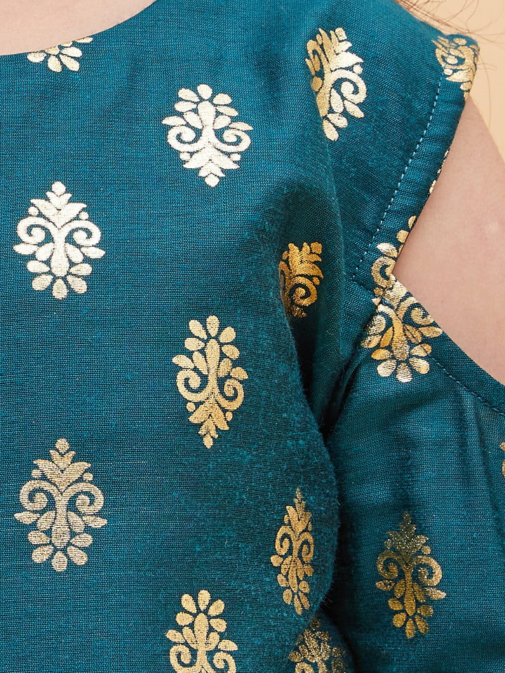 VASTRAMAY Girl's Green Foil Printed Cold Shoulder Kurti - qivii