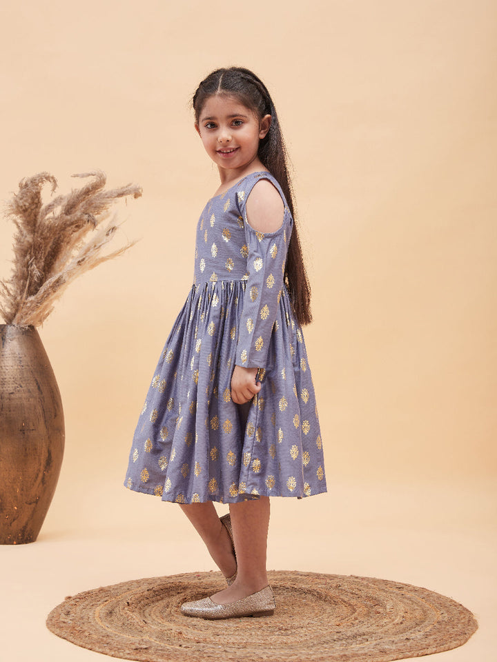 VASTRAMAY Girl's Grey Foil Printed Cold Shoulder Kurti - qivii