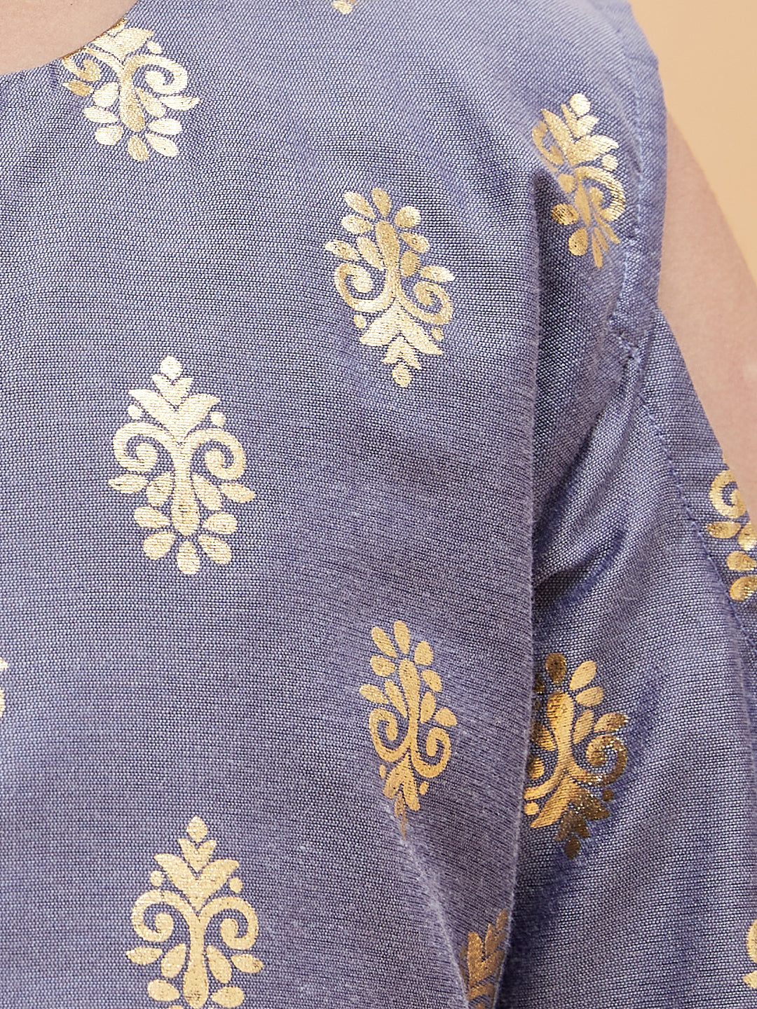 VASTRAMAY Girl's Grey Foil Printed Cold Shoulder Kurti - qivii