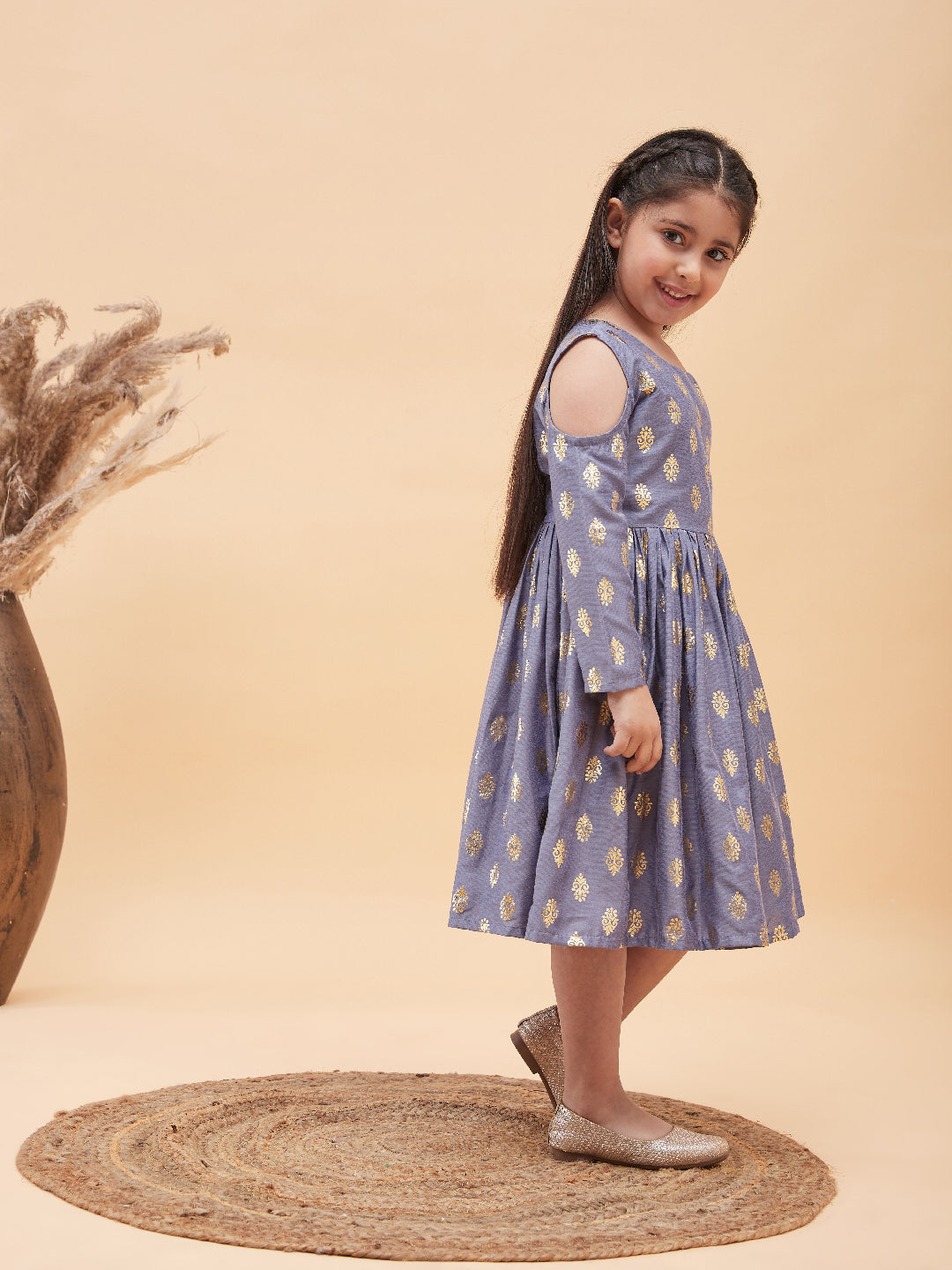 VASTRAMAY Girl's Grey Foil Printed Cold Shoulder Kurti - qivii