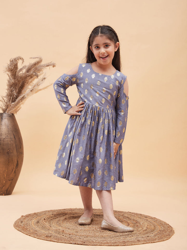 VASTRAMAY Girl's Grey Foil Printed Cold Shoulder Kurti - qivii