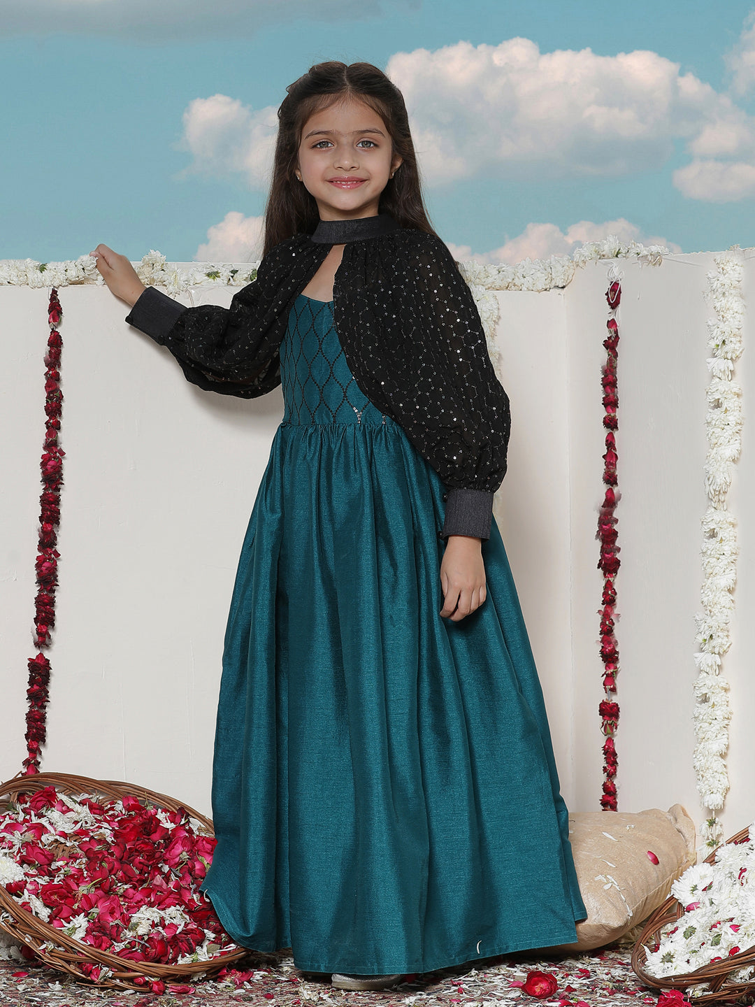 VASTRAMAY Girls' Green Sequinced Long dress With detachable Cuff Sleeves - qivii