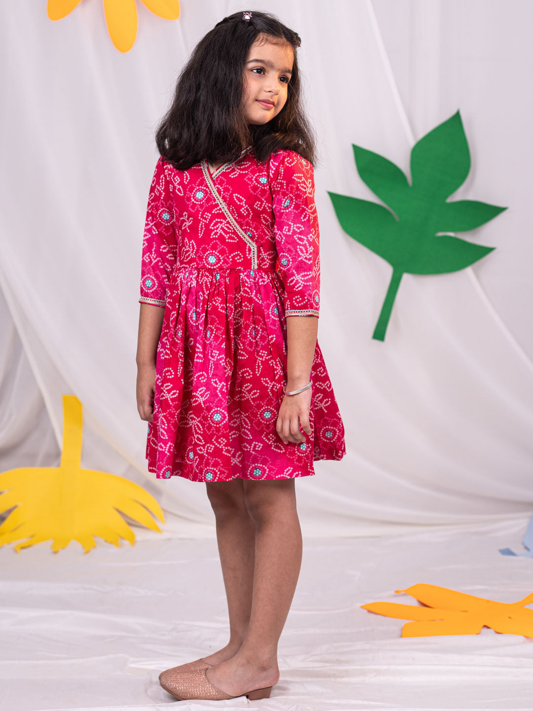 VASTRAMAY Girls' Pink Color Bandhnai Print Angrakha Style Dress - qivii