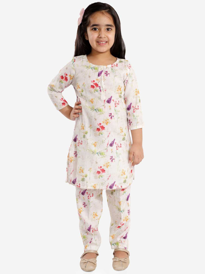 VASTRAMAY Girls' Multicolor-Base Cream Kurta Pant set - qivii