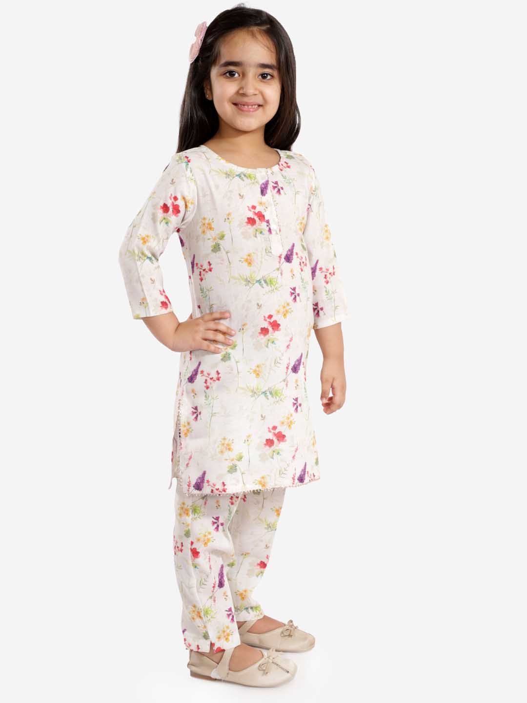 VASTRAMAY Girls' Multicolor-Base Cream Kurta Pant set - qivii