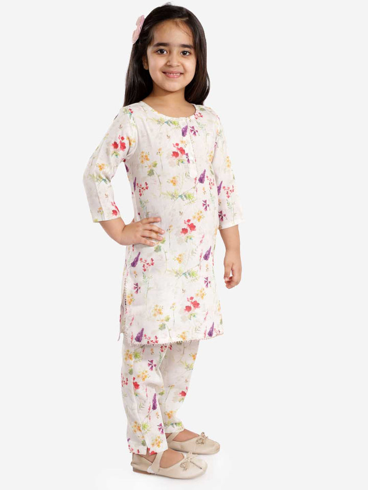 VASTRAMAY Girls' Multicolor-Base Cream Kurta Pant set - qivii