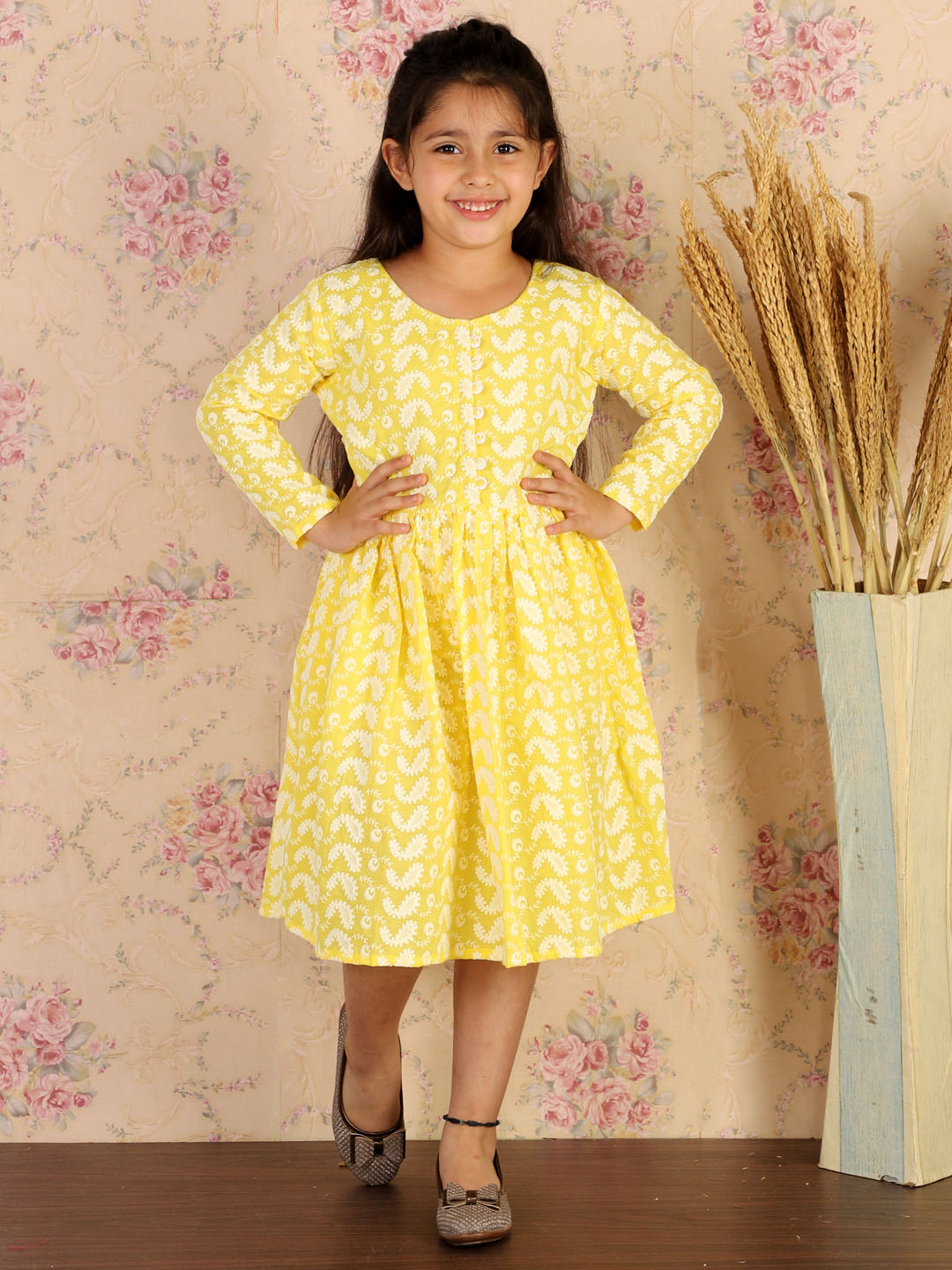 VASTRAMAY Girl's Mustard Pure Cotton Chikankari Kurta - qivii