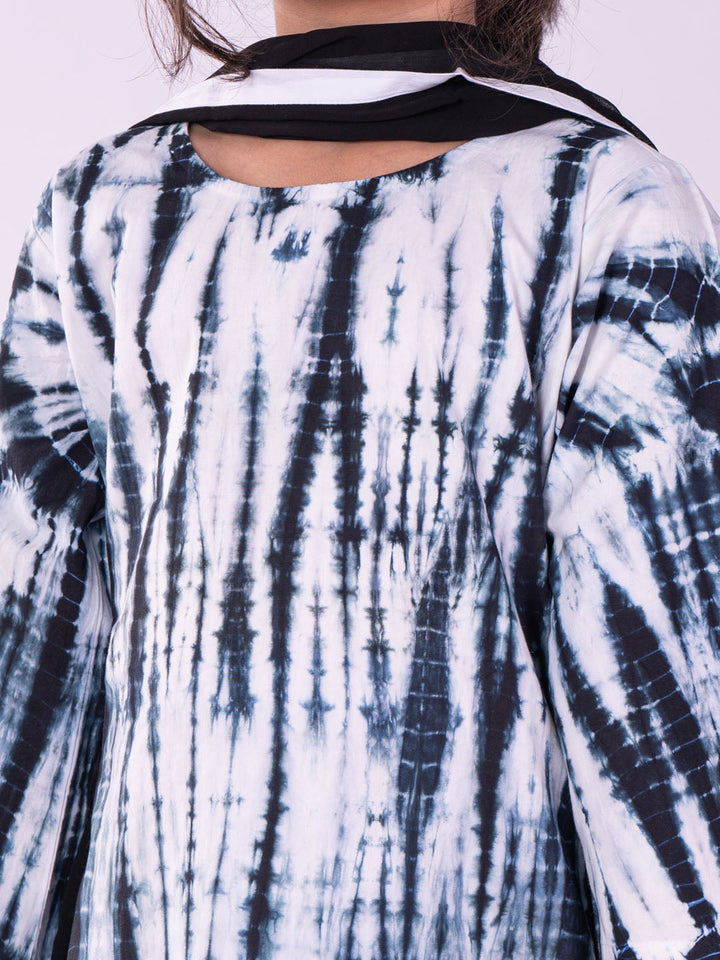 VASTRAMAY Girls Black & White Pure Cotton Tie-Dye Kurta Leggings & Dupatta Set - qivii