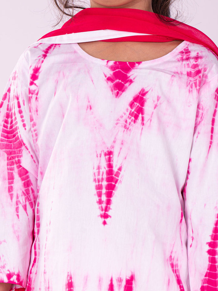VASTRAMAY Girl's Pink Pure Cotton Tie-Dye Kurta Leggings & Dupatta Set - qivii