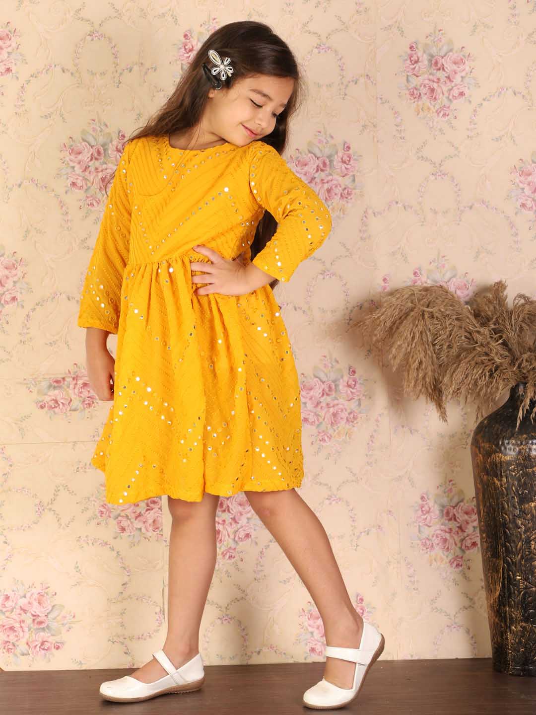 VASTRAMAY Girl's Yellow Mirror Kurta - qivii