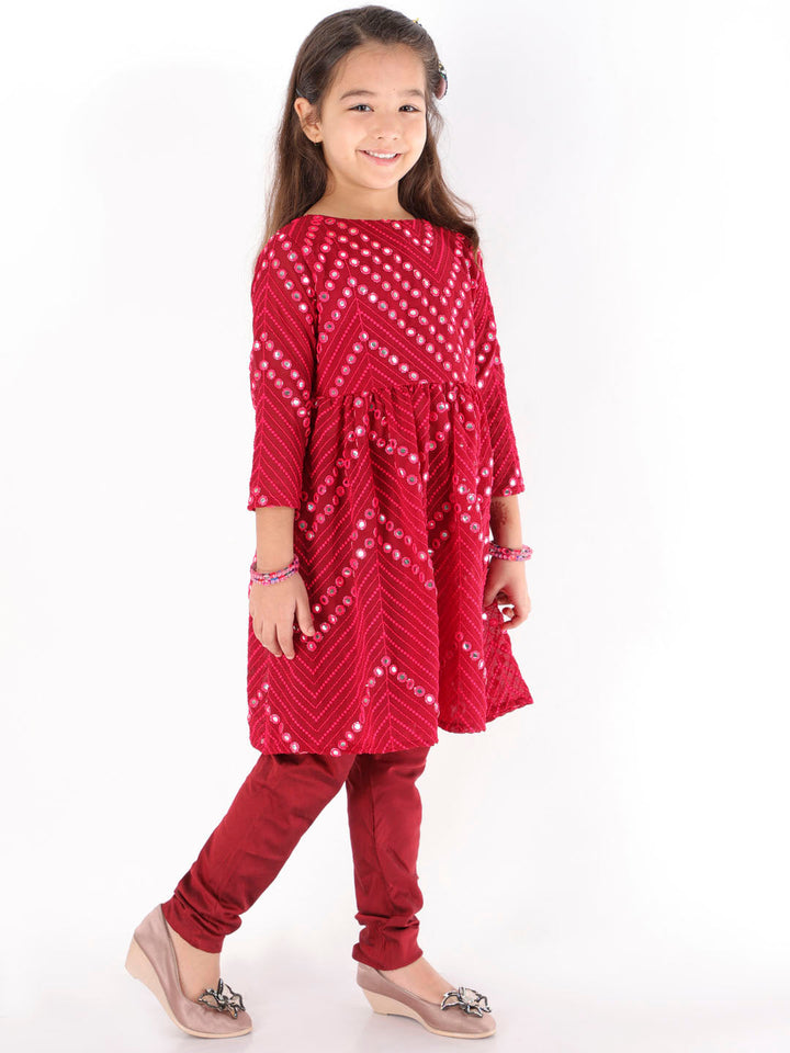 VASTRAMAY Girl's Maroon Mirror Kurta Pyjama Set - qivii