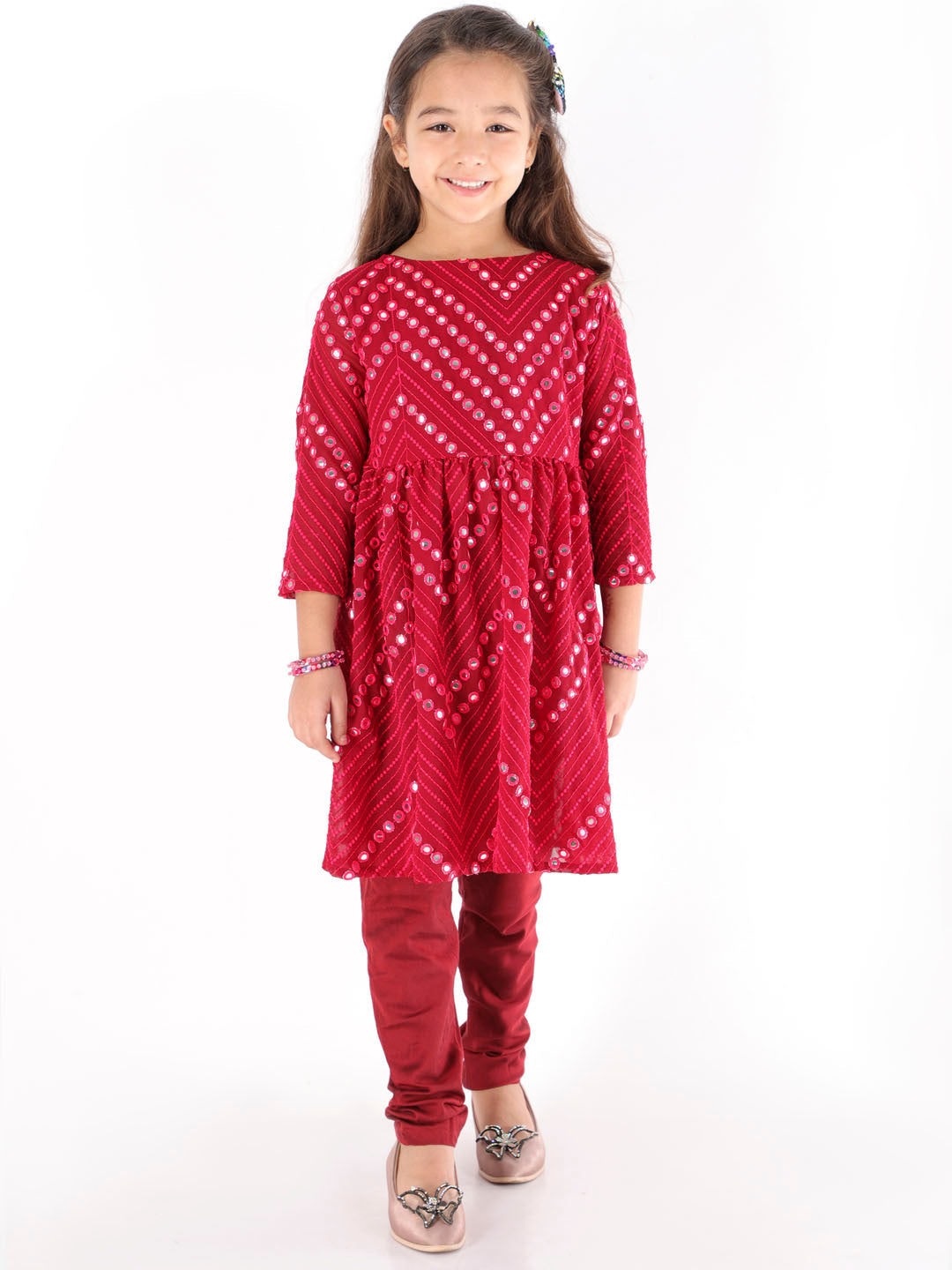 VASTRAMAY Girl's Maroon Mirror Kurta Pyjama Set - qivii