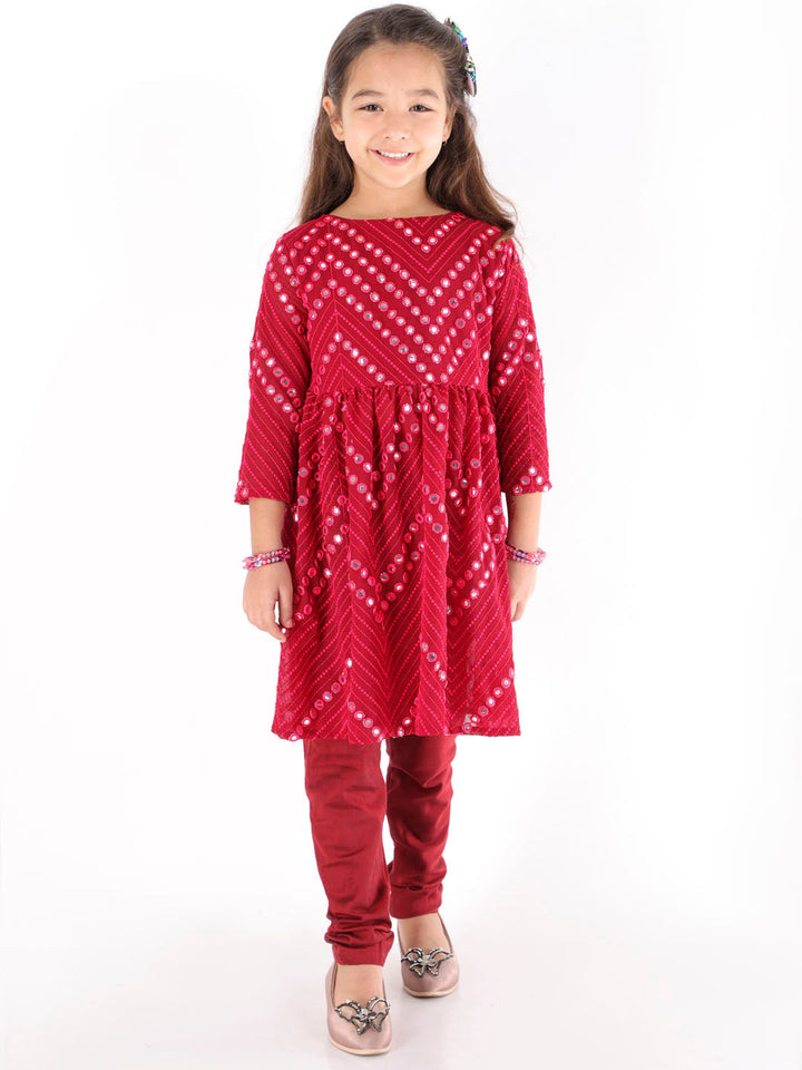 VASTRAMAY Girl's Maroon Mirror Kurta Pyjama Set - qivii
