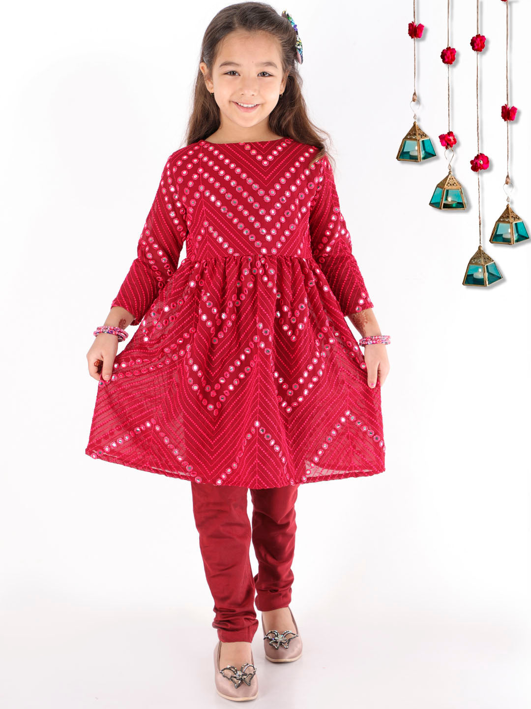 VASTRAMAY Girl's Maroon Mirror Kurta Pyjama Set - qivii
