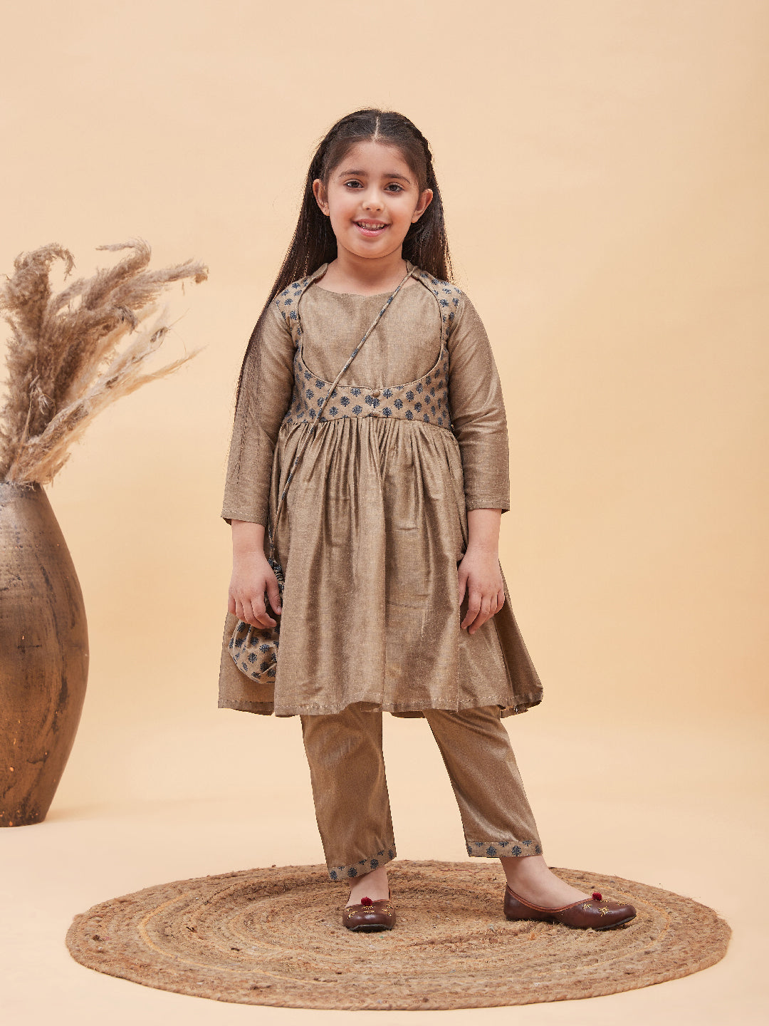 VASTRAMAY Girls Brown Anarkali Kurta Pyjama Set With Potli Bag - qivii