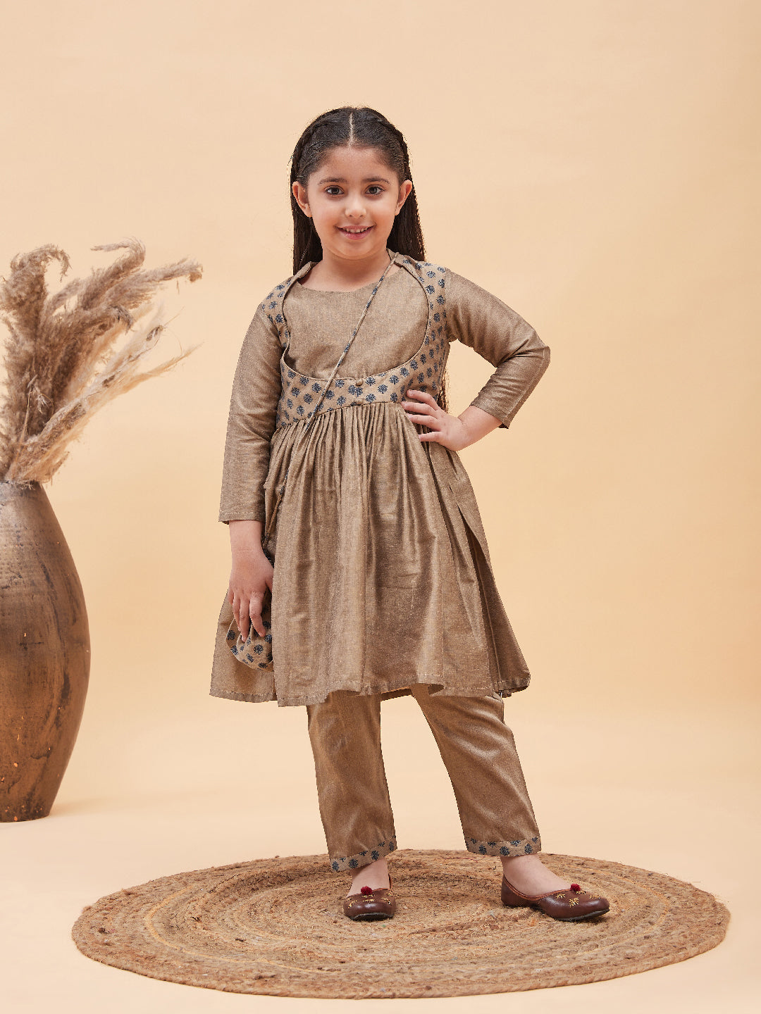 VASTRAMAY Girls Brown Anarkali Kurta Pyjama Set With Potli Bag - qivii