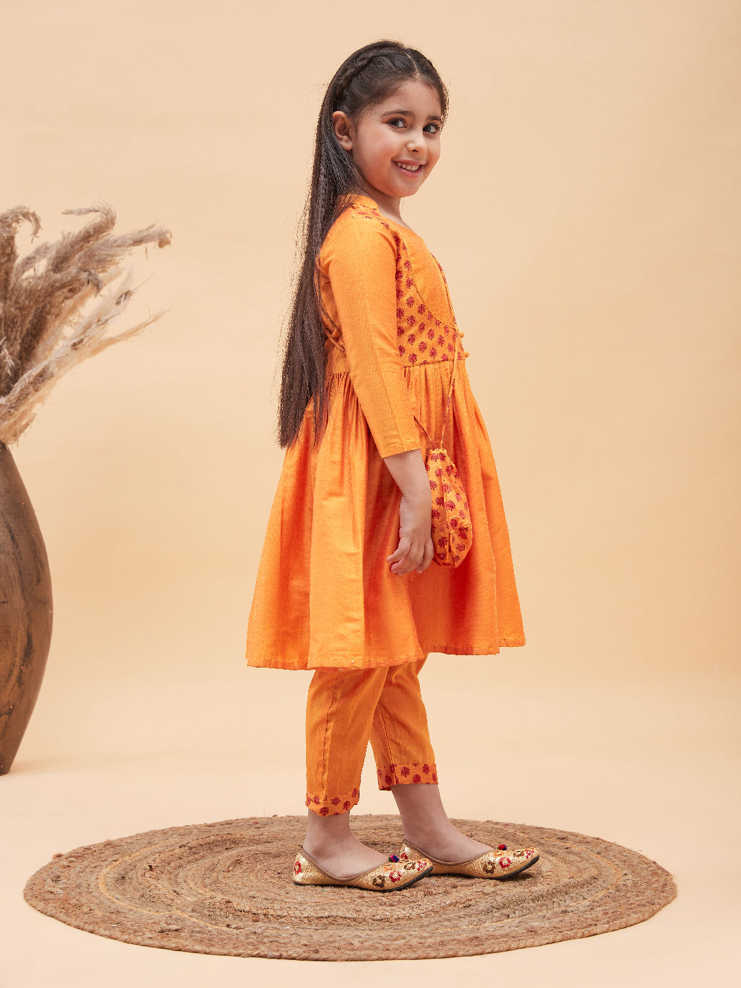 VASTRAMAY Girls Orange Anarkali Kurta Pyjama Set With Potli Bag - qivii