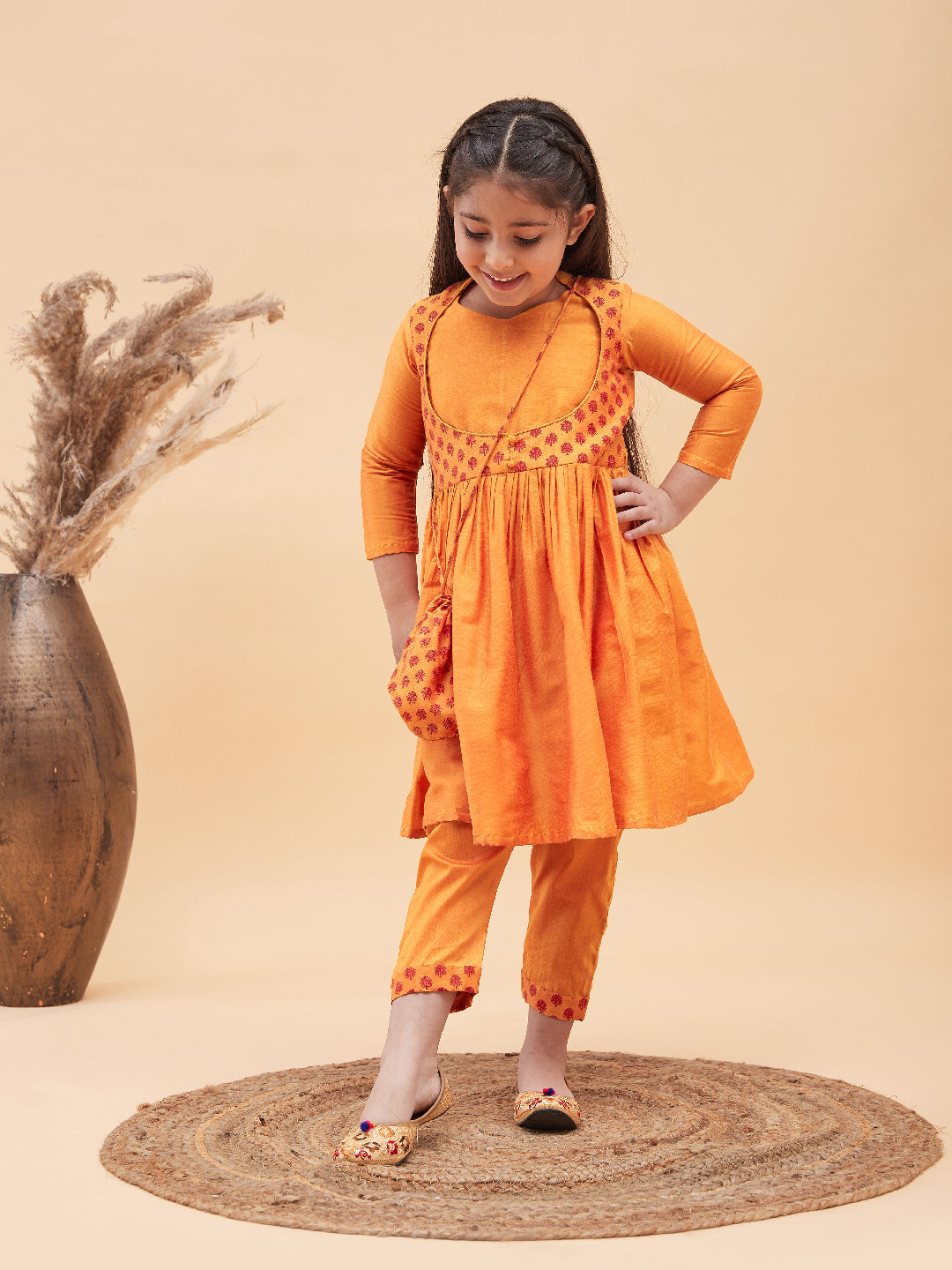 VASTRAMAY Girls Orange Anarkali Kurta Pyjama Set With Potli Bag - qivii