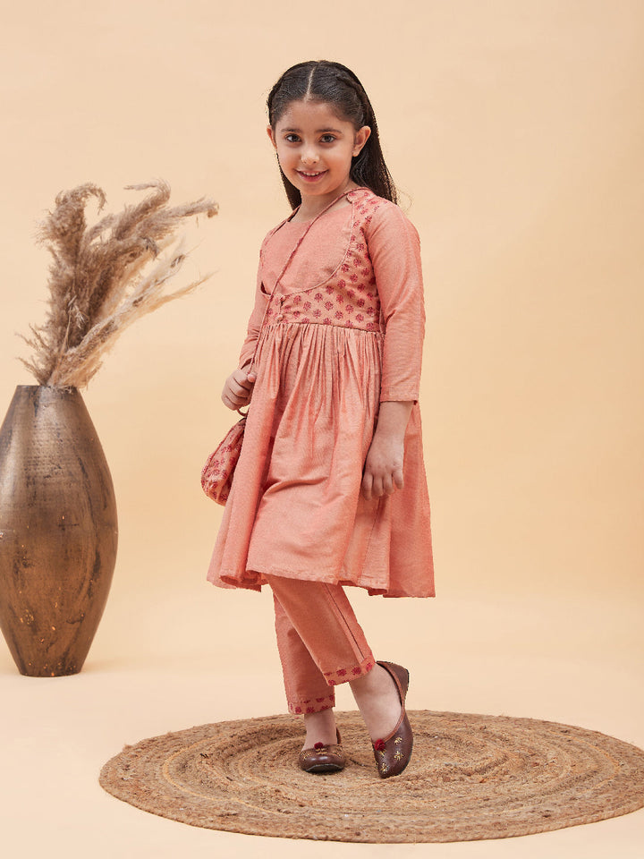 VASTRAMAY Girls Pink Anarkali Kurta Pyjama Set With Potli Bag - qivii