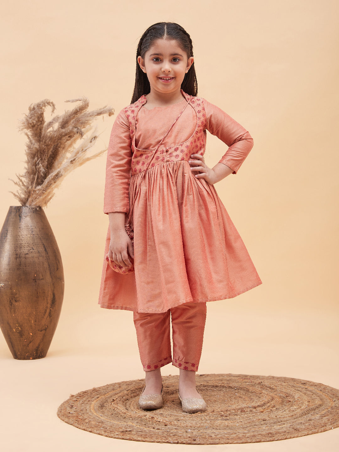 VASTRAMAY Girls Pink Anarkali Kurta Pyjama Set With Potli Bag - qivii