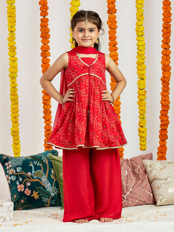 VASTRAMAY Girls' Red Kurta Palazzo Set - qivii