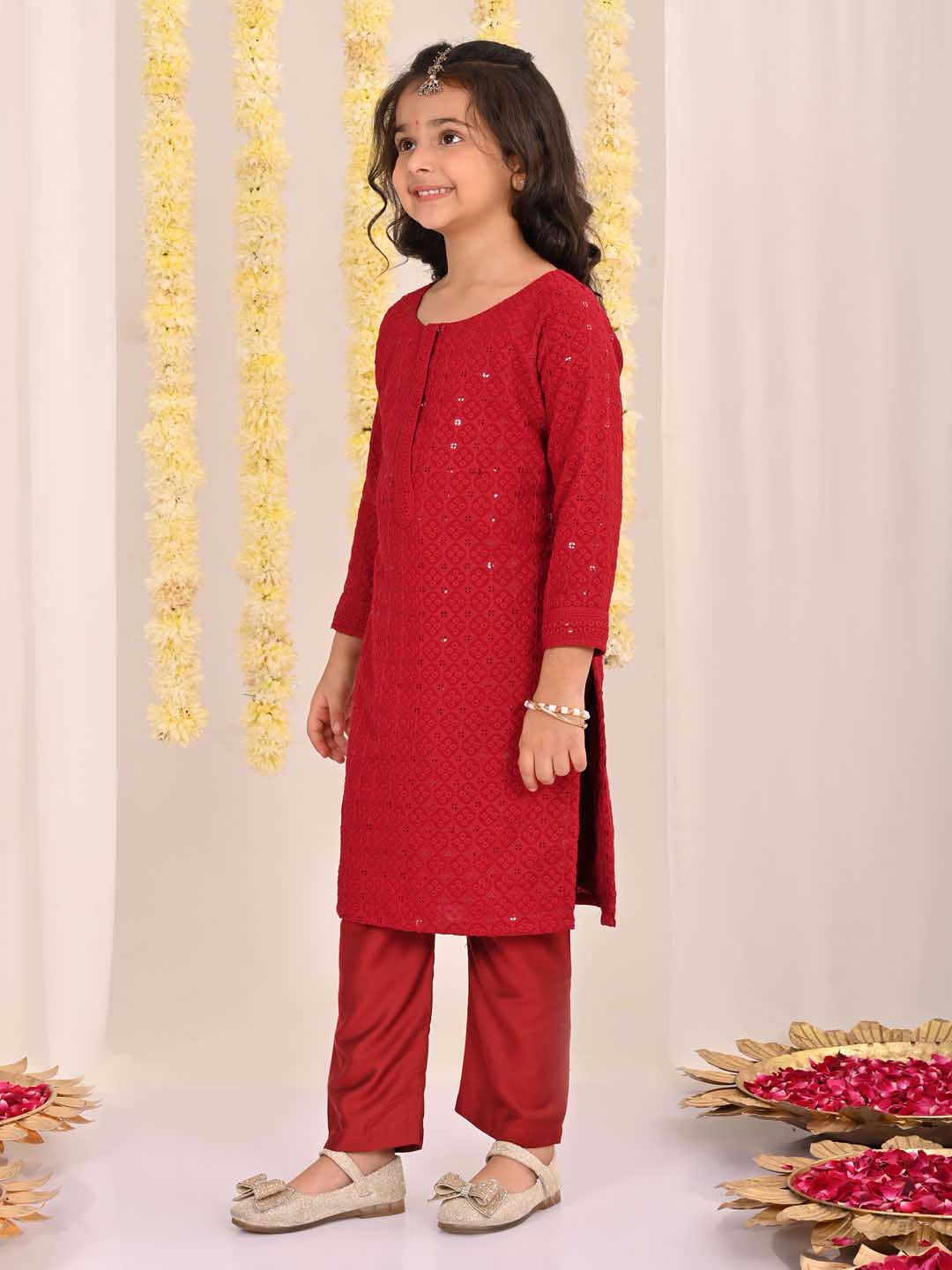 VASTRAMAY Girls' Maroon Embellished Kurta Pyjama Set - qivii