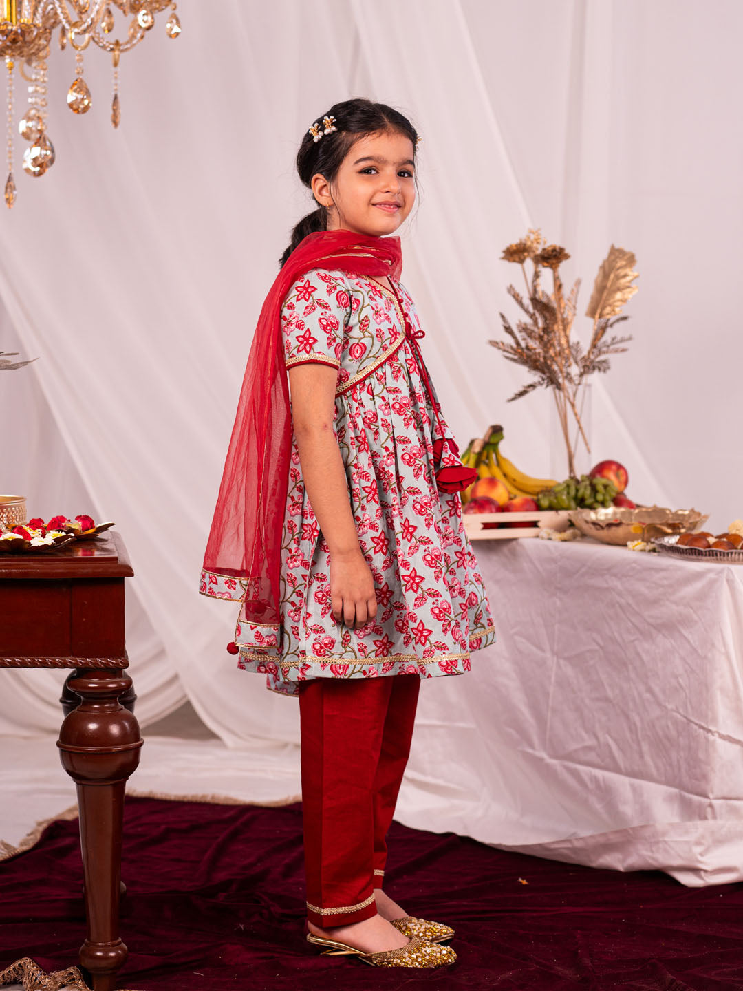 VASTRAMAY Girls' Aqua And Red Kurta And Pant Set - qivii