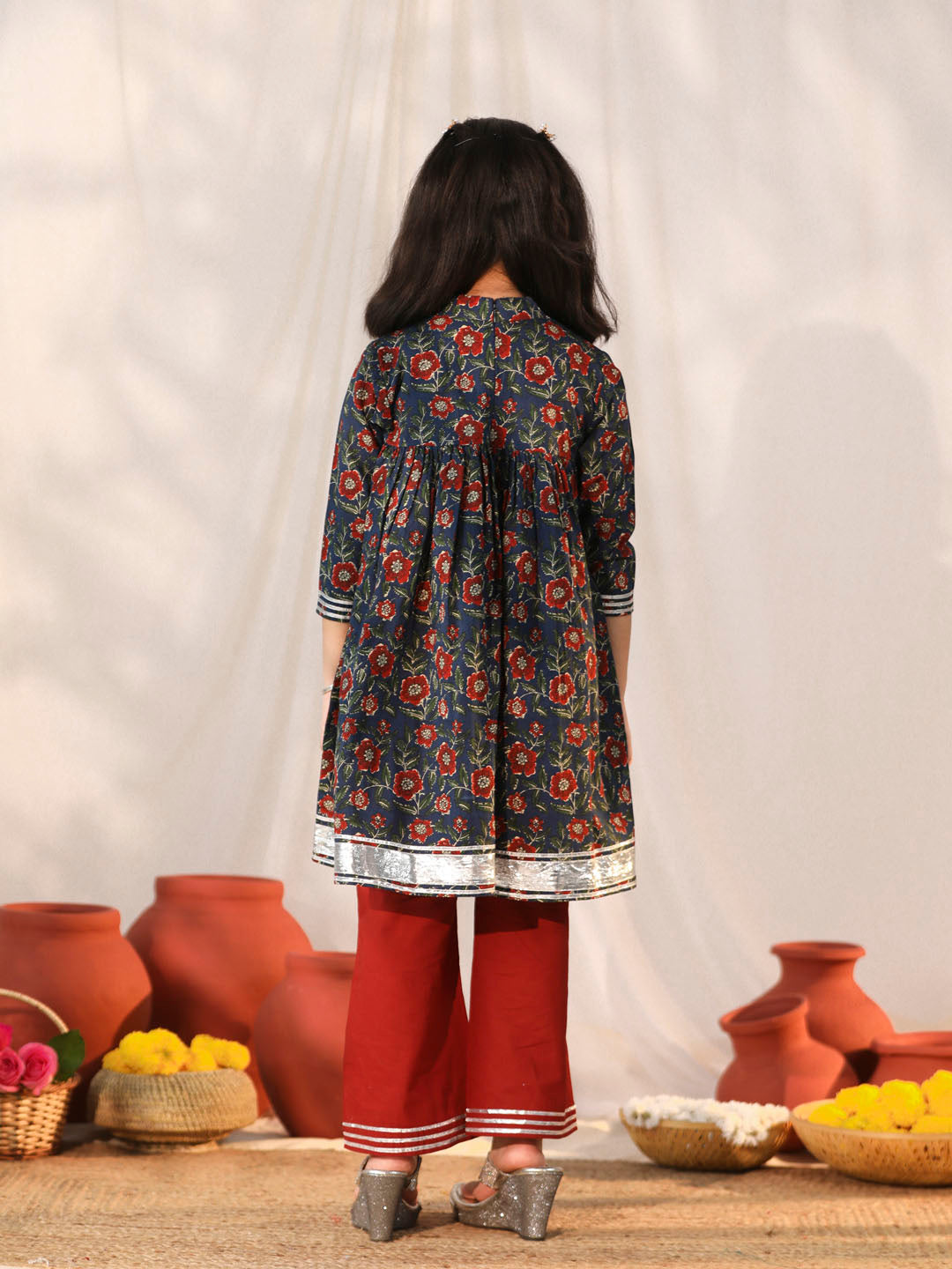 VASTRAMAY Girls' Navy Blue and Rust Kurta Palazzo Set - qivii