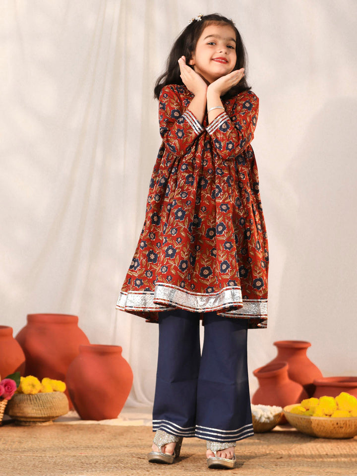 VASTRAMAY Girls' Rust And Navy Blue Flared Kurta Palazzo Set - qivii