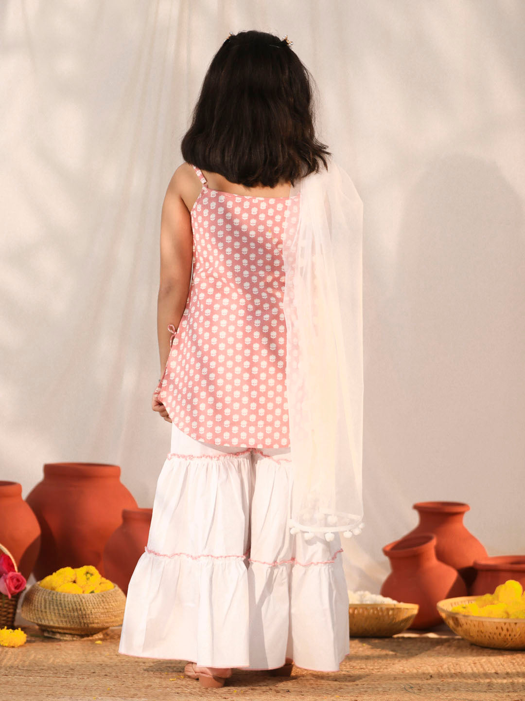 VASTRAMAY Girls' Pink and White Kurta, Sharara and Dupatta Set - qivii