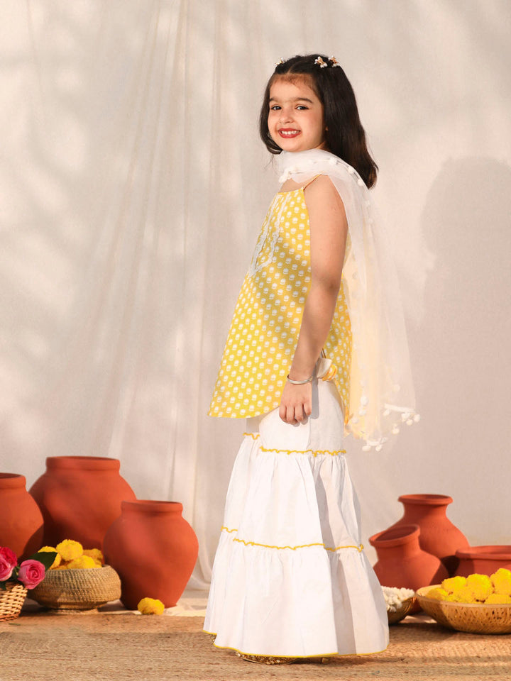 VASTRAMAY Girls' Yellow and White Kurta, Sharara and Dupatta Set - qivii